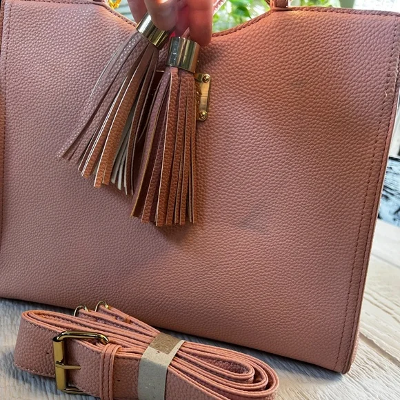 Vegan Leather [bebe] Pink NWT Convertible Handbag | Purse Tassels Gold Hardware - Picture 13 of 16